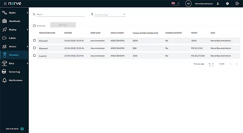 Screenshot of the Nerve Management System: view of the remote connections list showing key information for each remote connection