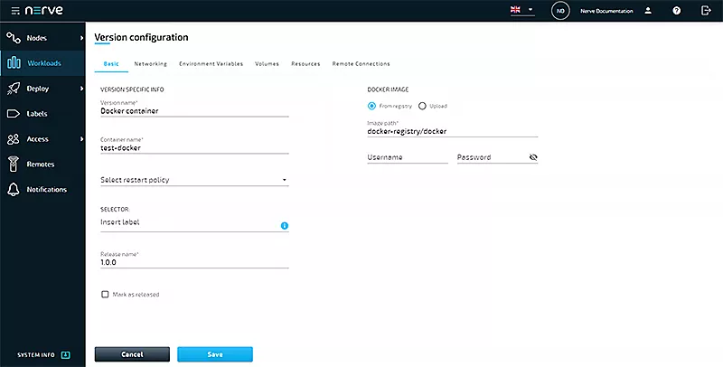 Screenshot of the Nerve Management System: workload version configuration screen